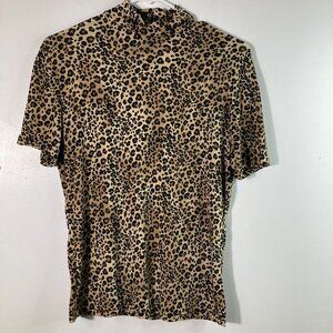 Susan‎ Lawrence Mock Neck Leopard Stretch Top Tan Black M